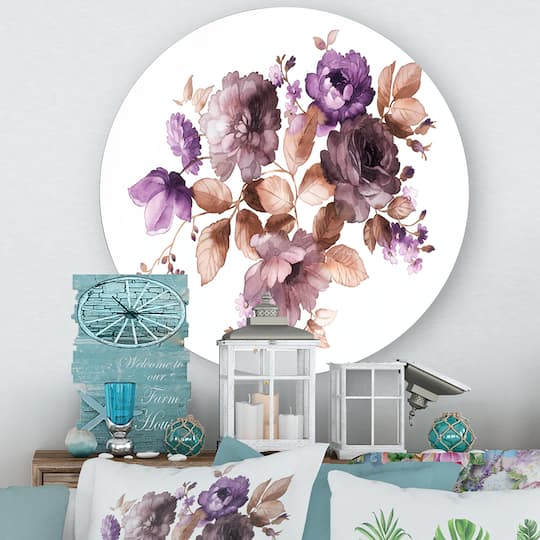 Designart - Purple Retro Flowers With Brown Leaves